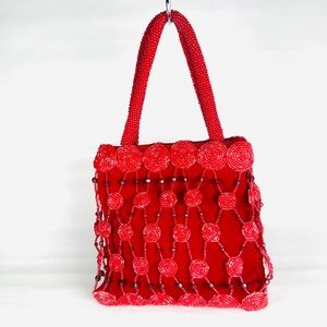 Elegant Red Velvet Beaded Handbag Vintage Snap Closure